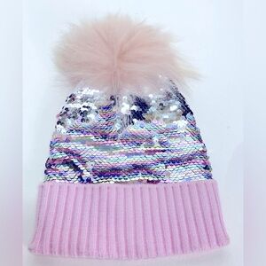 Bari Lynn Pink Sequin Beanie with Blush Fur trim - one size fits most - like new